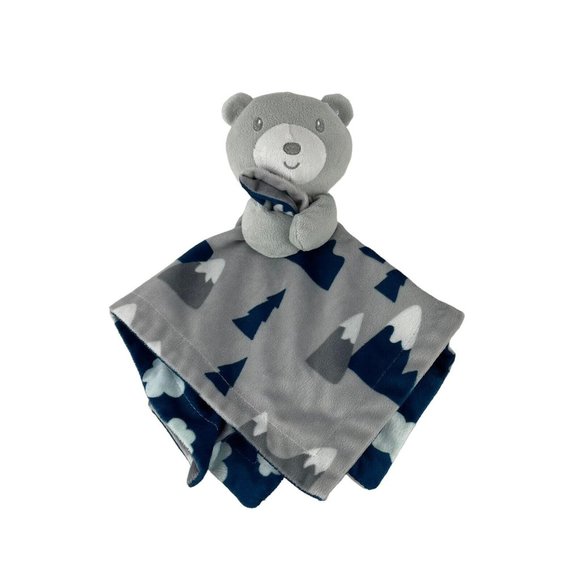 Baby Essentials Grey Teddy Bear Lovey 14" Security Blanket Blue Trees Clouds - Picture 1 of 7